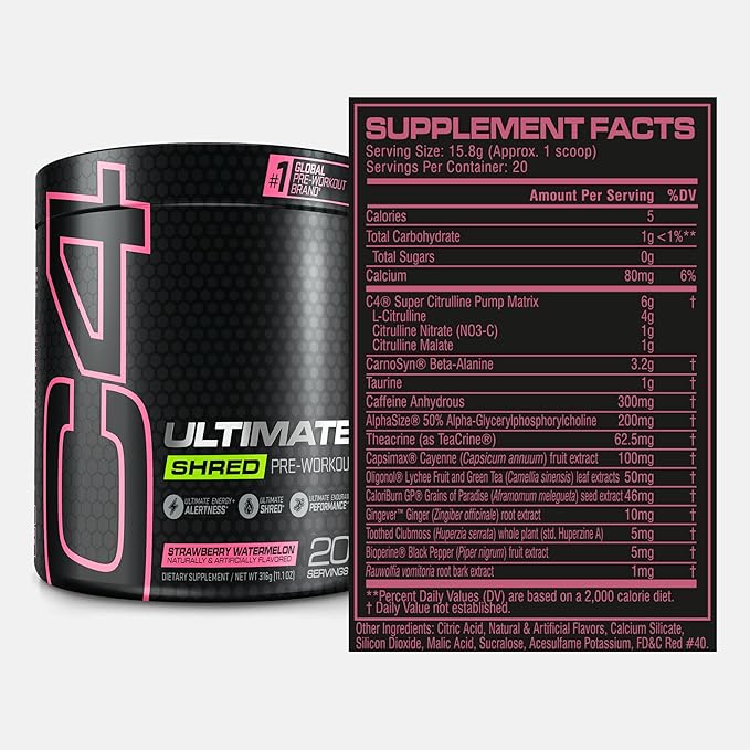 Cellucor C4 Ultimate Shred Pre Workout Powder for Men & Women, Weight Loss Supplement with Ginger Root Extract, Strawberry Watermelon, 20 Servings (Pack of 1)