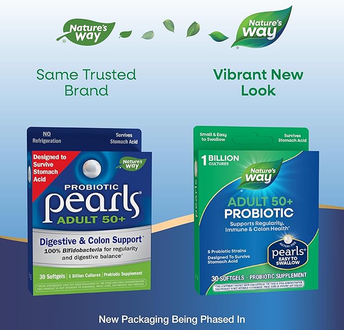 Nature's Way Adults 50+ Probiotic Pearls, Supports Regularity, Immune and Colon Health*, 1 Billion Cultures, No Refrigeration Required, 30 Softgels (Packaging May Vary)