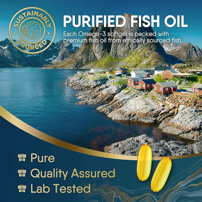 Triple Strength Omega 3 Fish Oil - 2400 mg Natural Omega-3 Supplements Support Brain, Heart & Joint Health with EPA & DHA Essential Fatty Acids - Lemon Flavor, Burpless, Wild Caught - 120 Softgels