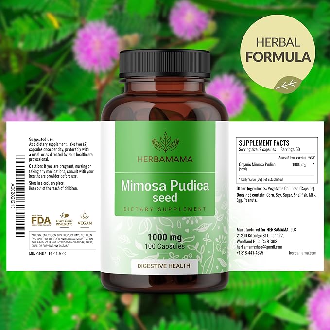 HERBAMAMA Mimosa Pudica Seed Capsules - 1000 mg Mimosa Pudica Plant for Digestive Health - Promoting Digestive Cleanse and Detox Support - Vegan, Non-GMO - 100 Caps
