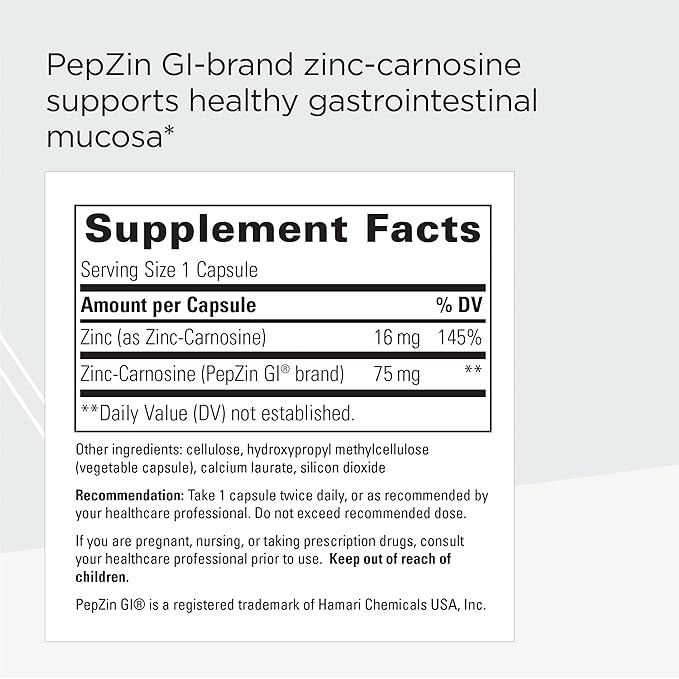 Integrative Therapeutics Zinc-Carnosine - PepZin GI Brand Supplement with Zinc-Carnosine - GI Tract Support* - Gluten Free & Vegan - 60 Capsules