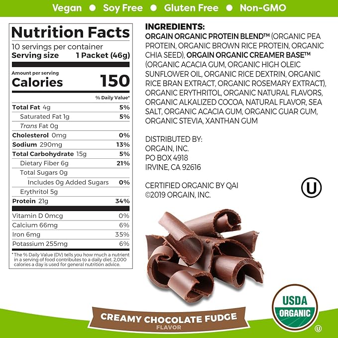 Orgain Organic Vegan Protein Powder Travel Packs - Vanilla Bean and Chocolate Fudge (10 Packets Each)