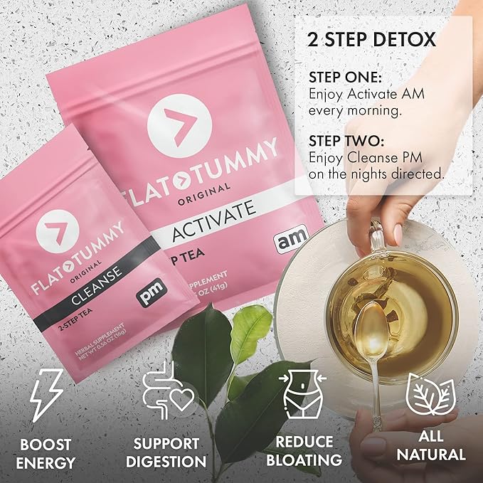 Flat Tummy Tea Detox Tea (4 Week Program) – 2-Step Detox Tea to Boost Energy & Reduce Bloating* - All Natural Detox Cleanse w/Green Tea, Lemon Balm, Dandelion, Fennel, & More - Digestion support (3 Pack)