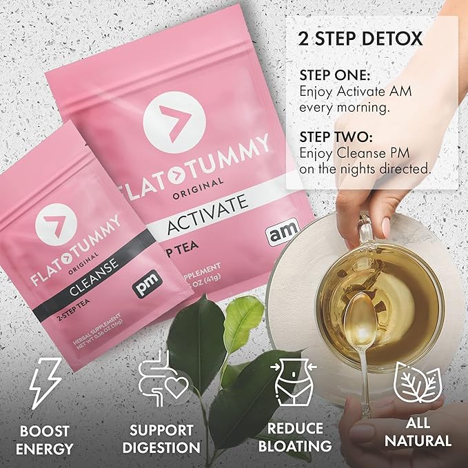 Flat Tummy Detox Tea (4 Week Program) – 2-Step Detox Tea to Boost Energy & Reduce Bloating* - All Natural Detox Cleanse w/Green Tea, Lemon Balm, Dandelion, Fennel, & More - Digestion support (5 Pack)