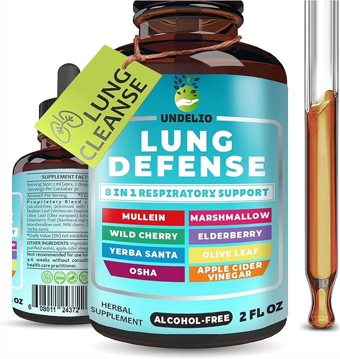 8 in 1 LUNG DEFENSE Herbal Extract, Blend (Mullein-Marshmallow-OSHA-Wild Cherry-Elderberry-Yerba Santa-Olive Leaf-ACV) Lung Cleanse, Respiratory & Immune system Support. Liquid supplement 2 OZ