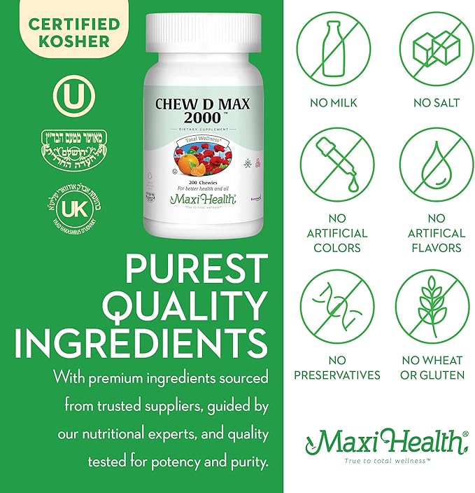 Maxi Health Chewable Vitamin D3 2000 IU Supplement - Delicious Natural Bubble Gum Flavor - Supports Calcium Absorption, Immune and Bone Health in Adult Women, Men, Children & Toddlers - 200 Chews
