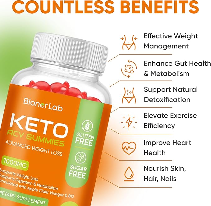 Keto ACV Gummies - Sugar Gluten Free Pro Active Super Apple Cider Vinegar Supplement for Men Women - Digestion Metabolism Hair Skin Health (1000MG)