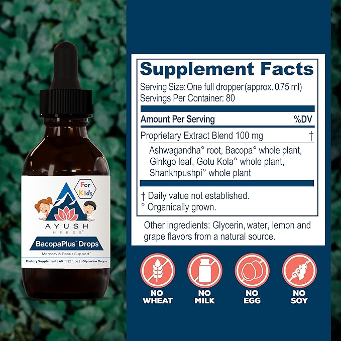 Ayush Herbs BacopaPlus Drops for Kids - Kids Focus and Attention Supplement with Bacopa, Ashwagandha, Ginkgo, Support for Brain & Memory, Organic Ingredients - 2 Fl Oz (80 Servings)
