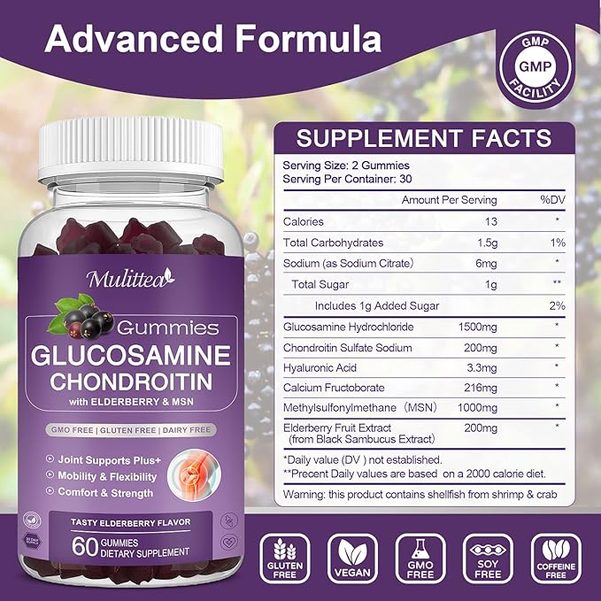 Glucosamine Chondroitin Gummies - Extra Strength Joint Support Supplement with MSM & Elderberry for Natural Joint, Antioxidant Immune Support for Adults, Men & Women-(1 Pack)