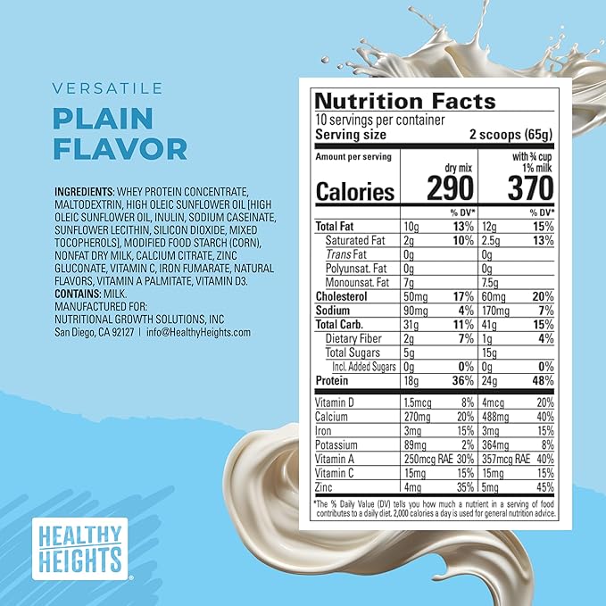 Healthy Heights Grow Daily Kids Protein Drink Mix (Plain) - High Protein Shake for Boys 10+