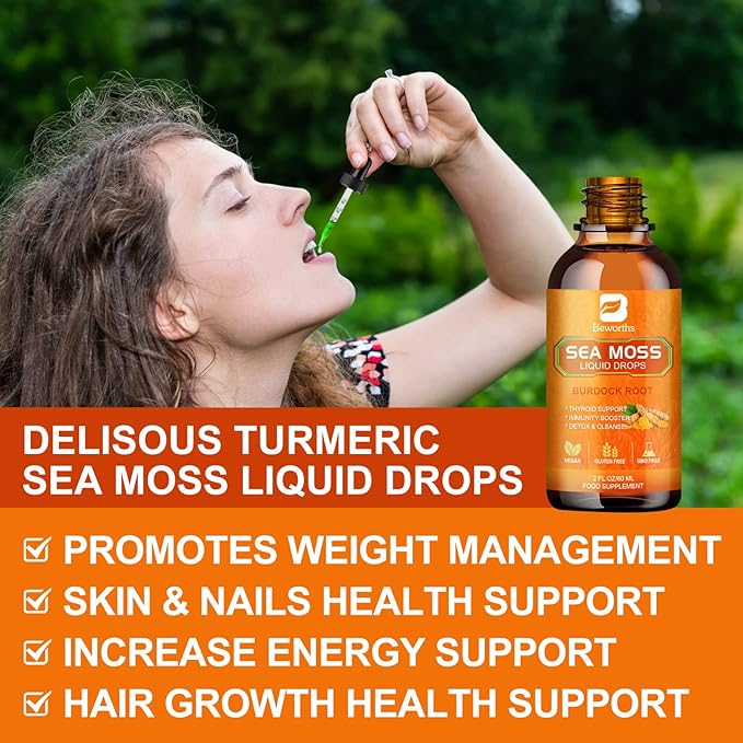 Sea Moss Liquid Drops - Organic Irish Sea Moss Raw Gel with Burdock Root, Tumeric, Spirulina, Seamoss Gel Supplement for Immune, Joint, Digestive Support - 2 Fl Oz, Vegan