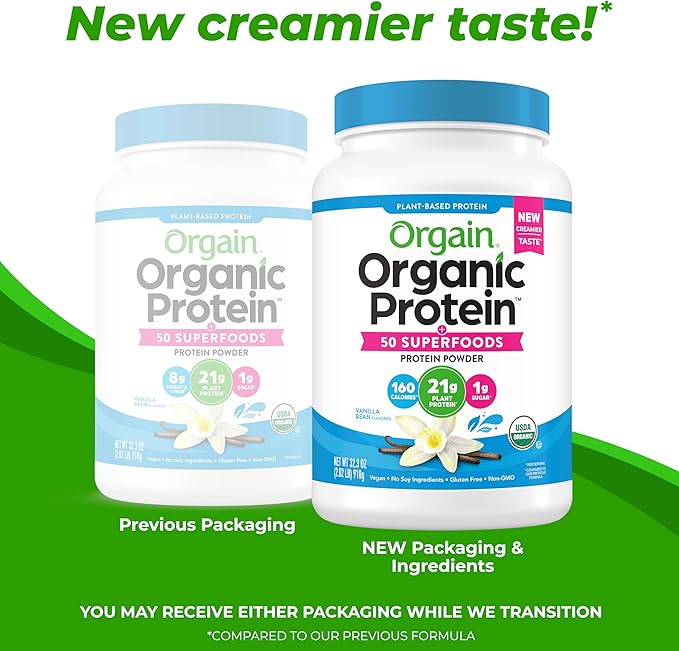 Orgain Organic Vegan Protein + 50 Superfoods Powder, Vanilla Bean - 21g Plant Based Protein, 8g Prebiotic Fiber, No Lactose Ingredients, Gluten Free, No Added Sugar, Non-GMO, 2.02 lb