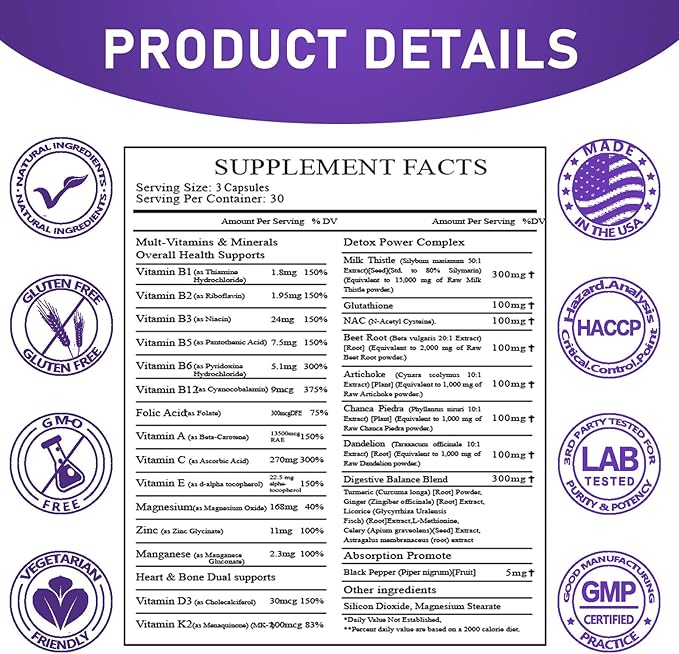 Milk Thistle Supplement 15000mg Organic Artichoke Chanca Piedra Dandelion Liver Protection Supplement Contains Glutathione NAC Beetroot Powder D3&K2 vitamins Mineral (29-IN-1)Made In USA