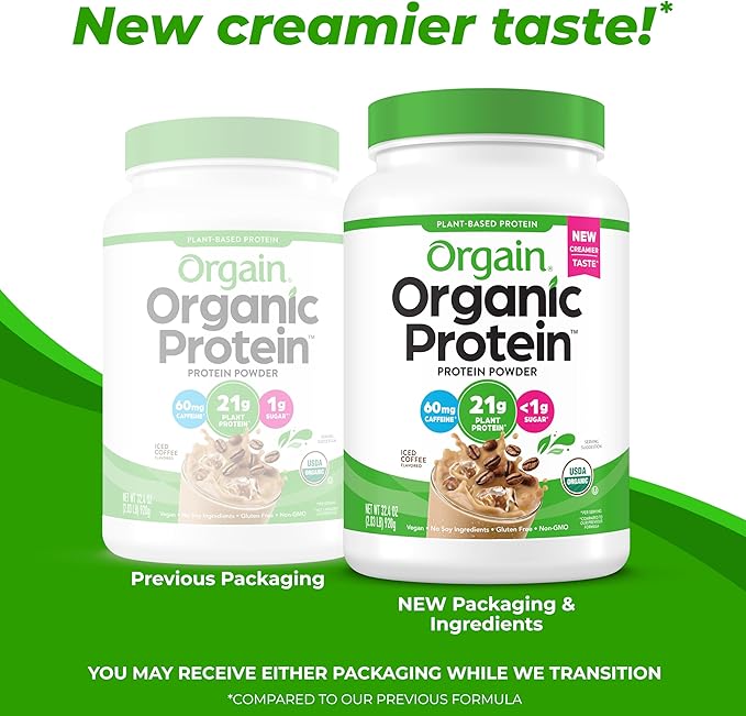 Orgain Organic Vegan Protein Powder, Iced Coffee - 21g Plant Protein, 60mg of Caffeine, Low Net Carb, No Lactose Ingredients, No Added Sugar, Non-GMO, For Shakes & Smoothies, 2.03 lb