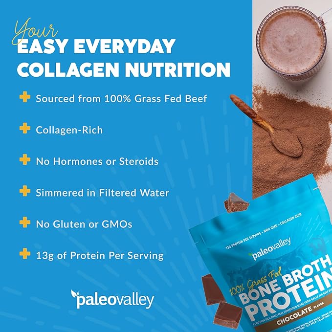Paleovalley 100% Grass Fed Bone Broth Protein Powder - Chocolate - Rich in Collagen for Hair, Skin, Gut Health, Bone and Joint Support - 28 Servings