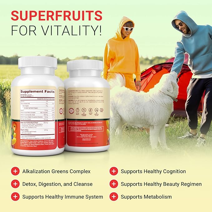 (120 Chews) Fruits and Veggies Supplement - Superfood Fruits and Veggies Gummies (9 Superfruits & 30 Veggies) Mushrooms, Fruit and Vegetable Vitamins, Non-GMO, Pectin-Based, Gluten-Free, No Capsules