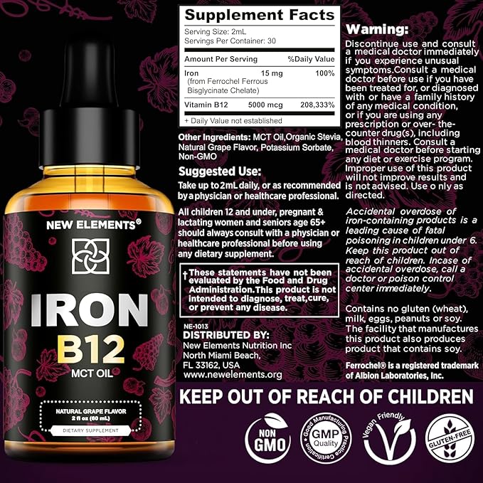 Liquid Iron Supplement for Women & Men with Vitamin B12 5000mcg - Free Blood Builder for Anemia - Liquid Vitamin B12 Drops for Adults with MCT Oil, Natural Grape Flavor, 2 Fl Oz