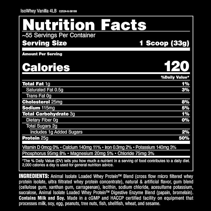 Animal Whey Isolate Protein Powder - Loaded for Pre & Post Workout Muscle Builder and Recovery with Digestive Enzymes for Men & Women - 25g Protein, Great Taste, Low Sugar - Vanilla 4 lbs