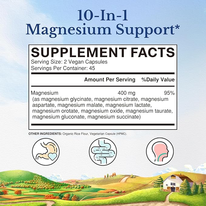 Vitalitown 10 in 1 Magnesium Complex Supplement - 400mg Elemental Magnesium Chelated with Glycinate, Citrate, Malate, Taurate & More - Magnesium for Sleep Muscle Heart Energy - Non-GMO, Vegan, 90 Caps