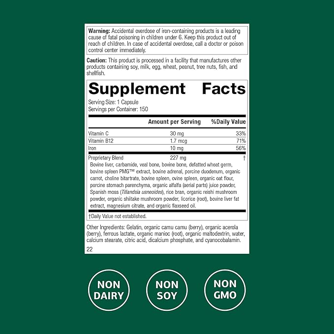 Standard Process Ferrofood - Blood Health Supplement - Enzyme Support with Vitamins B12, C, & Iron - Non-Dairy & Non-Soy - 150 Capsules (40 Servings)