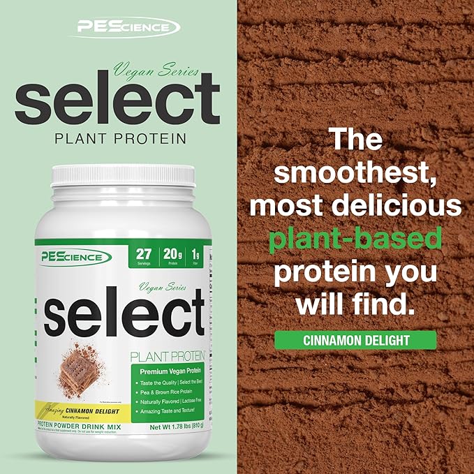 PEScience Select Vegan Plant Based Protein Powder, Cinnamon Delight, 27 Serving, Pea and Brown Rice Blend