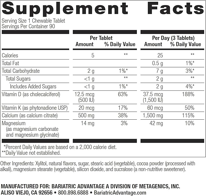 Bariatric Advantage Calcium Citrate Chewable 500 mg - for Bariatric Surgery Patients - High-Potency, Easy-Digest Tablets - Calcium Citrate - Bone Strength Supplements* - 90 Count - Chocolate