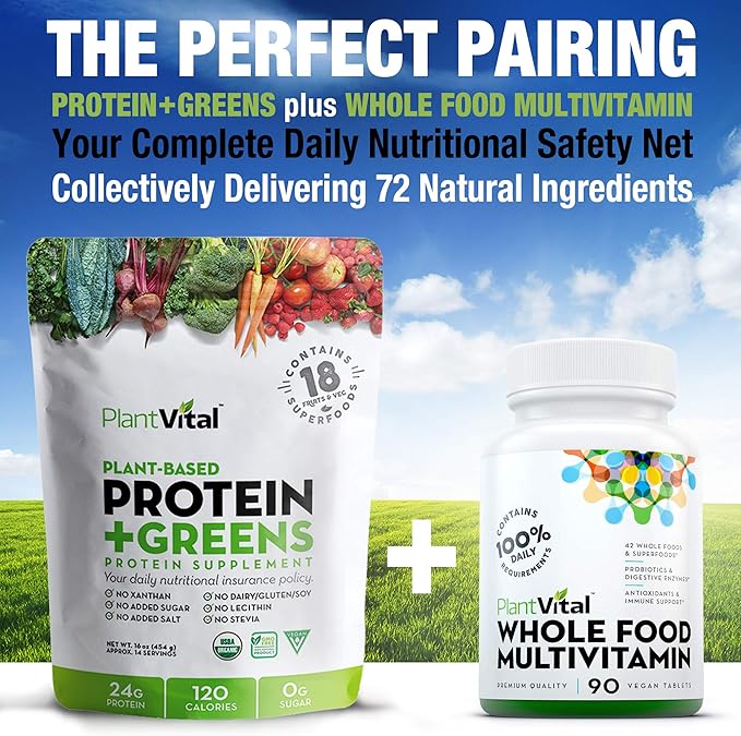 Plantvital Unflavored Organic Vegan Protein Powder - 18 Superfoods, Veggies and Probiotics - Organic Plant-Based Protein Powder - All BCAAβs, Gluten Free - 16oz (Pack of 2)