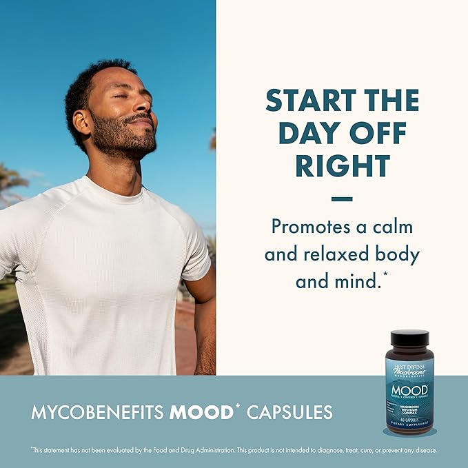 Host Defense MycoBenefits Mood* Capsules - Healthy Mind Support with Lion's Mane, L-Theanine & Ashwagandha - Relaxing & Calming Supplement - 60 Capsules (30 Servings)*