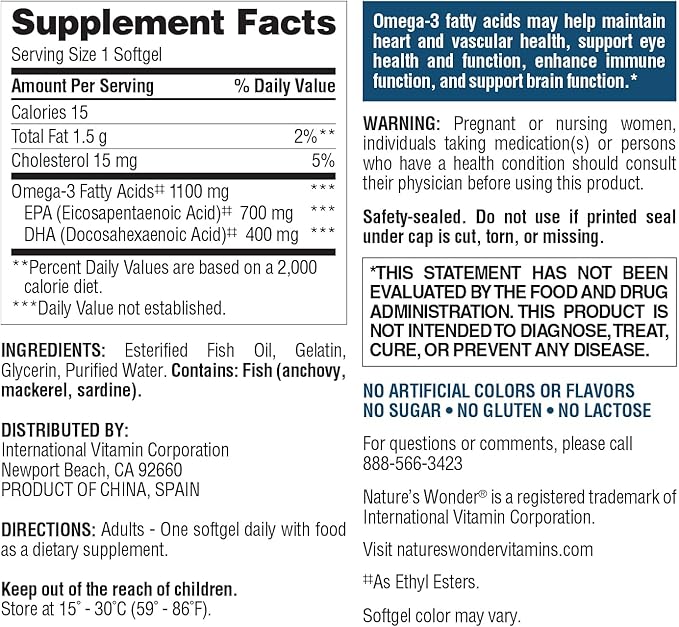 Nature's Wonder Fish Oil 1100 mg Omega-3 Fatty Acids, EPA & DHA for Healthy Joints, Heart, Immune System, 120 Day Supply of Softgels