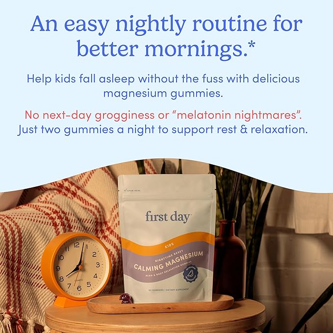 First Day Kids’ Nighttime Reset Calming Magnesium Gummies – Sleep Aid to Support Calm & Relaxation – Bedtime Supplement with Magnesium Citrate, Suntheanine & No Melatonin – 30-Day Supply