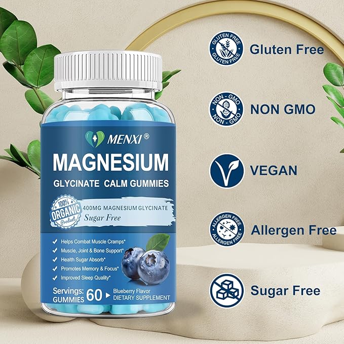 Magnesium Gummies 600mg per Serving-Magnesium Glycinate 400mg and Magnesium Malate 200mg,Sugar Free Magnesium Potassium Supplement for Calm Mood, Muscle, Bone & Sleep Support,60 Blueberry Gummies