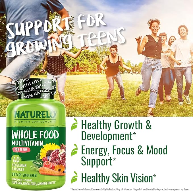 NATURELO Whole Food Multivitamin for Teens - Vitamins and Minerals for Teenage Boys and Girls - Supplement for Active Kids - with Organic Whole Foods - Non-GMO - Vegan & Vegetarian - 60 Capsules