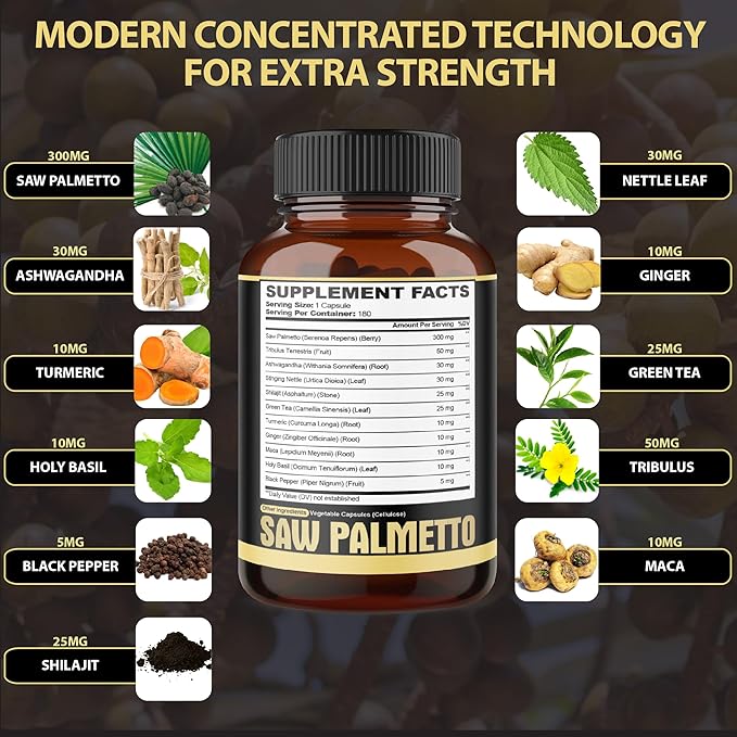 11in1 Saw Palmetto Capsules with Ashwagandha, Turmeric, Tribulus, Maca, Green Tea, Ginger, Holy Basil & More - Healthy Prostate & Hair Support - 180 Count 6-Month Supply