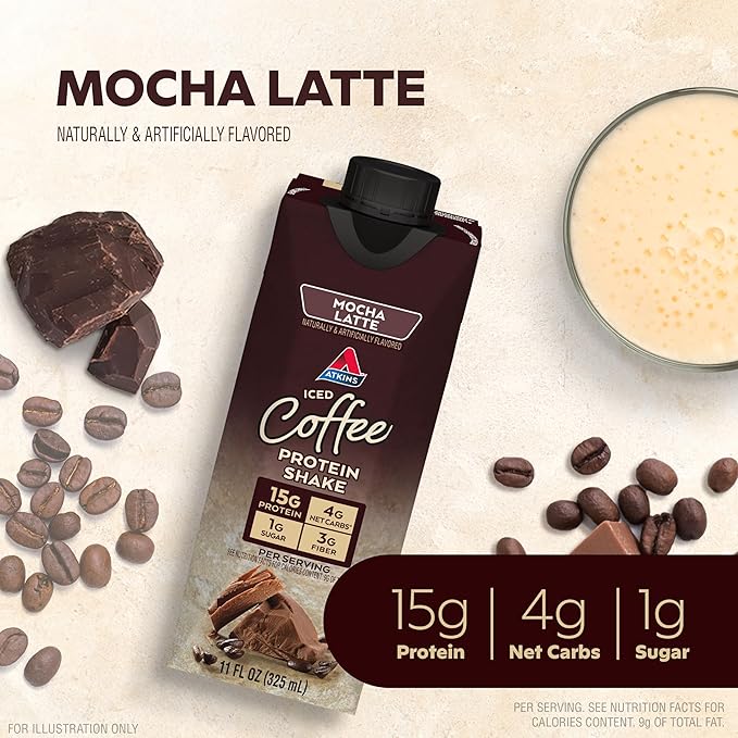 Atkins Mocha Latte Iced Coffee Protein Shake, 15g Protein, Low Glycemic, 4g Net Carb, 1g Sugar, Keto Friendly