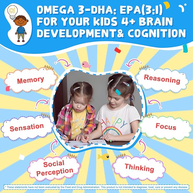 Omega 3 Gummies (EPA/DHA) for Kids 4+, Kids Multivitamin A B1 B2 B12 C D3 K2, Calcium Gluconate, Zinc, Selenium, lodine for Brain Cognition, Eye, Bone, Energy, Immune, No Fish Taste,Sugar Free