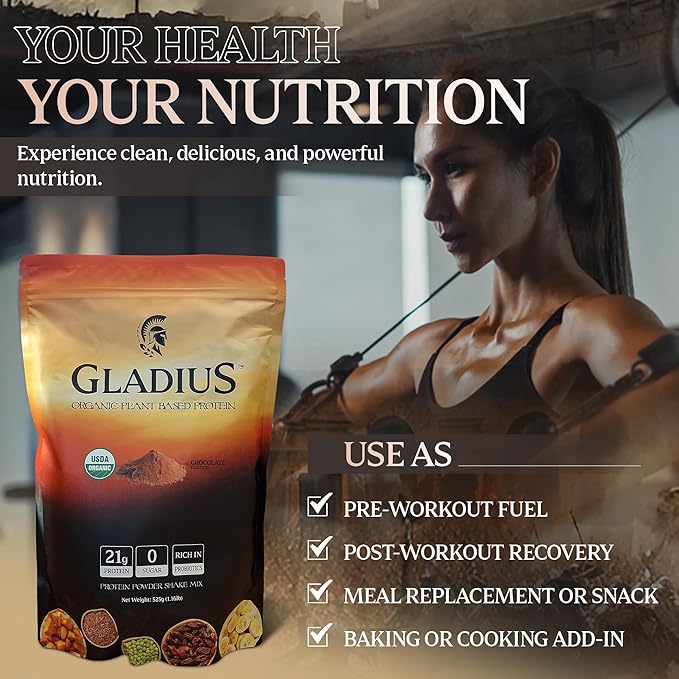 GLADIUS Organic Plant Based Protein Powder | Chocolate | 15 Servings | 21g of Protein | Plant Based | No Sugars Added | Rich in Probiotics