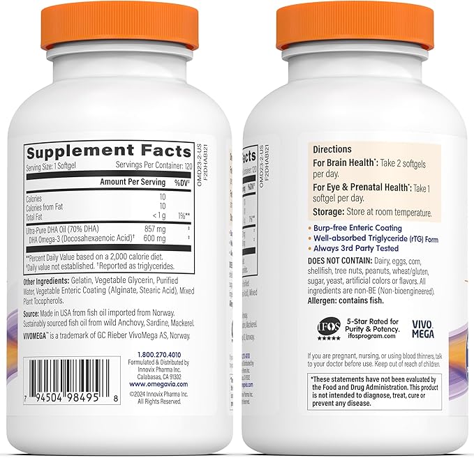 OmegaVia DHA 600 mg, Ultra Pure Omega-3 DHA Supplements for Brain and Eyes, DHA Prenatal Vitamins for Women, Burpless Fish Oil Omega 3, IFOS Tested, 120 Softgels