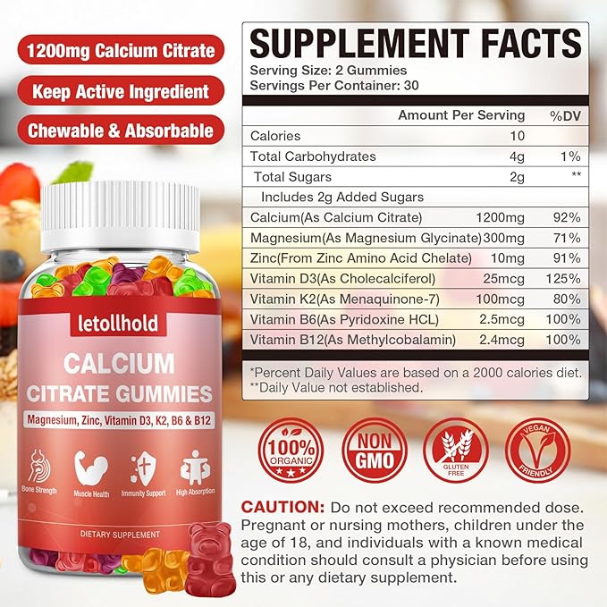 Calcium 1200mg with Vitamin D3, K2, Calcium Citrate Gummies with Magnesium Zinc, Calcium Supplements for Women for Bones Strength, Muscle & Immune Support, 60 Chewable Gummies