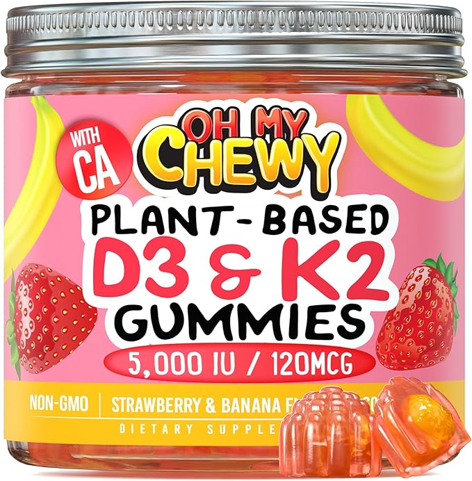 Center-Filled Vitamin D3 K2 Gummies - Kids, Teens & Adults - Supplement for Healthy Teeth, Bone, Energy & Immunity - 5000 IU D3, 120 mcg K2(MK-7), 120 mg Calcium - Vegan & Non-GMO - 60 Count