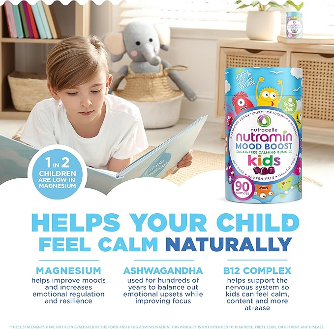 NUTRAMIN Kids Mood Boost Vegam Vitamin Gummy: Calming Magnesium Citrate Supplement for Children with Ashwagandha & Vitamin B Complex to Relax & Focus - Sugar-Free, Allergy-Safe, Non-GMO 90 ct