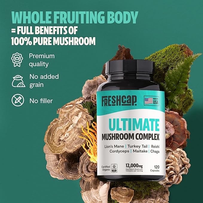 FreshCap Ultimate Mushroom Supplement 12,000mg - Mushroom Complex Capsules, Organic Mushrooms Supplement, Nootropic Brain Supplements for Memory and Focus Ayurveda (120 Capsules)