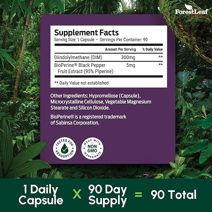 ForestLeaf DIM Supplement for Women & Men - DIM 300mg Per Capsule with BioPerine for Highest Absorption - Diindolylmethane for Metabolism Balance and Support, Detox, Menopause Relief (90 Capsules)