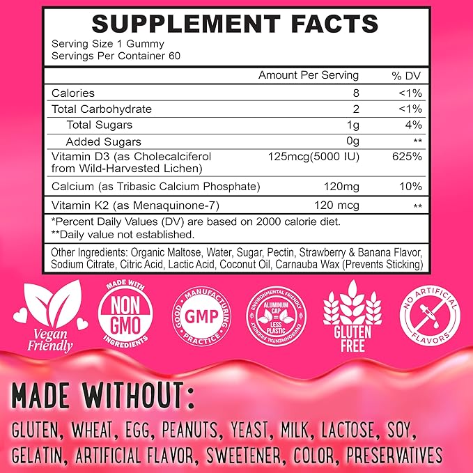 Center-Filled Vitamin D3 K2 Gummies - Kids, Teens & Adults - Supplement for Healthy Teeth, Bone, Energy & Immunity - 5000 IU D3, 120 mcg K2(MK-7), 120 mg Calcium - Vegan & Non-GMO - 60 Count