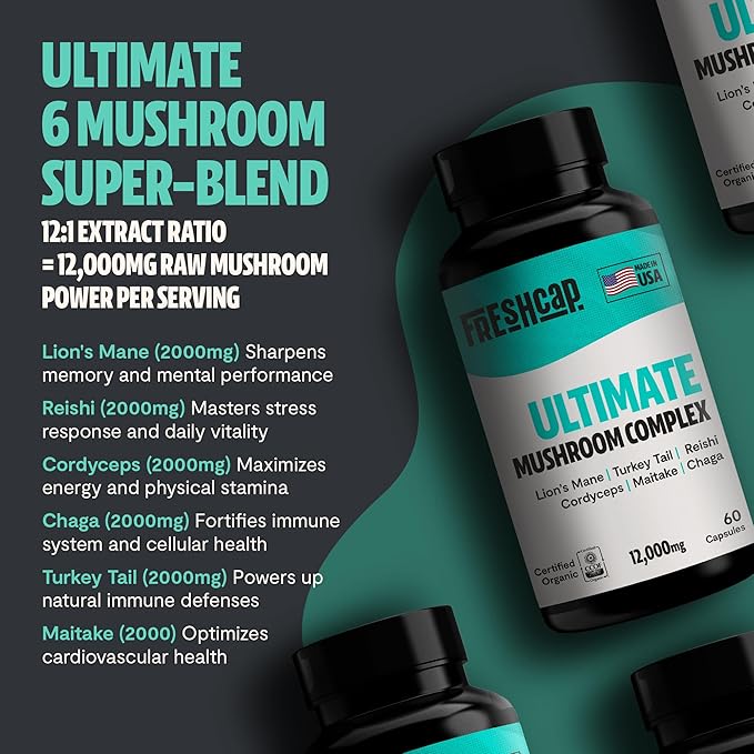 FreshCap Ultimate Mushroom Supplement 12,000mg - Mushroom Complex Capsules, Organic Mushrooms Supplement, Nootropic Brain Supplements for Memory and Focus Ayurveda (60 Capsules)