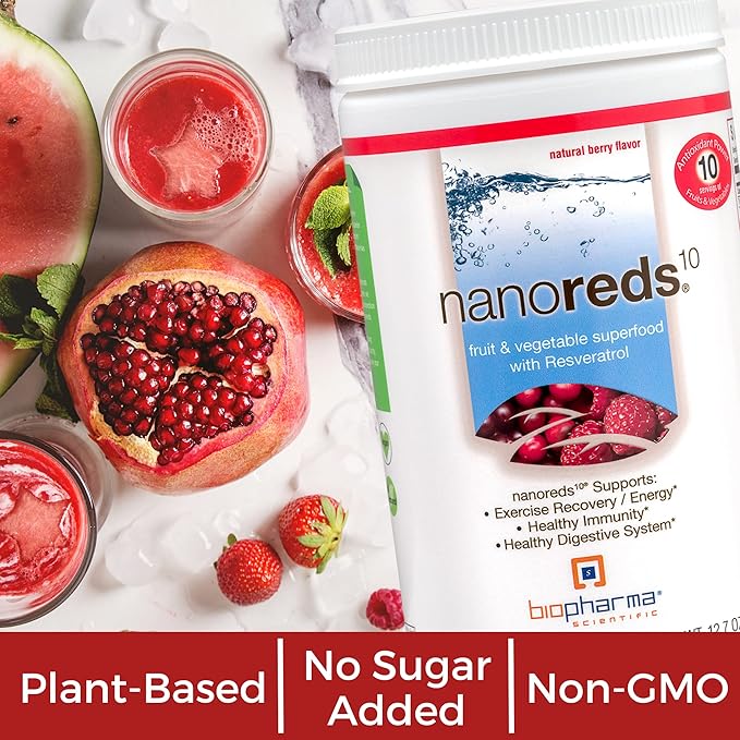 Biopharma Scientific Nanoreds: Reds Superfood Fruit & Vegetable Powder Smoothie Mix for Digestive Health & Immunity with Antioxidants, VitaminC, Elderberry, Pomegranate, Berry Flavor, 30 Servings