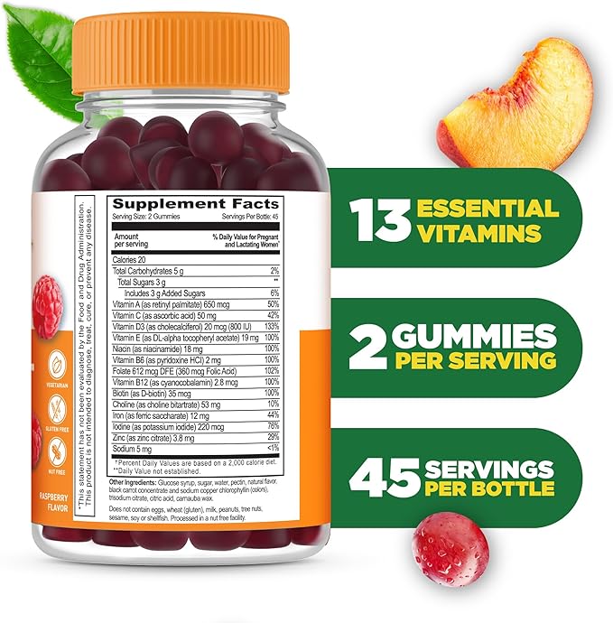 Lifeable Prenatal Multivitamin with Iron and Choline | Great Tasting prenatal Vitamins for Women | Vegetarian Non-GMO prenatal Gummies | 90 Gummies