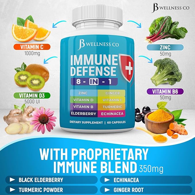 Immune Support 8 in 1 Capsules - Zinc Supplement, Vitamin D3, Vitamin C and Elderberry - Immune Booster Supplement with Echinacea, Ginger Root, and Turmeric