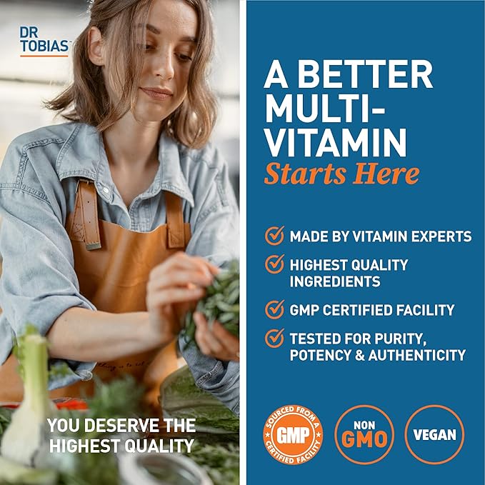 Dr. Tobias Adult Multivitamin for Women & Men, Immune Supporting Vitamins from 42 Fruits, Vegetables, Plus Probiotics, Vegan Multivitamins for Men & Women, Non-GMO, 180 Tablets, 60 Servings