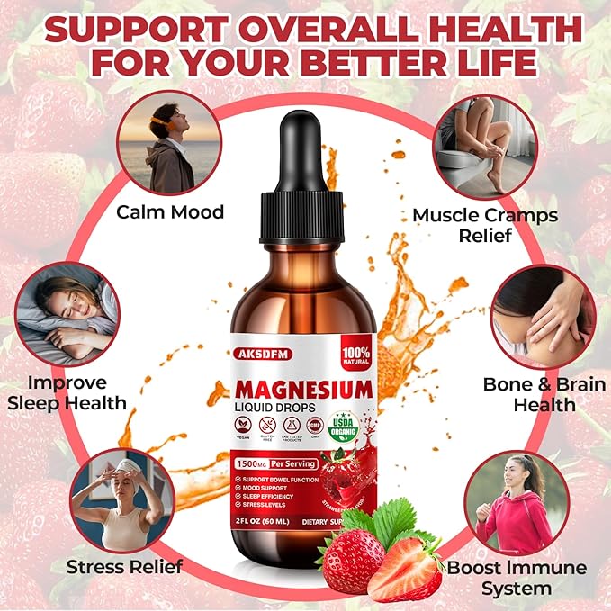Magnesium Glycinate Liquid 2 Pack - 1500mg Maximized Absorption Magnesium Complex Supplement to Support Stress Relief, Night, Heart Health Nerves and Muscles - Strawberry Flavor