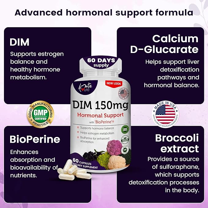 Women’s DIM Complex 150mg - Bioperine Estrogen Balancing Pills for Menopause & Hot Flashes Relief Support Hormonal Acne Powerful Supplement - 60 Capsules - Made in USA